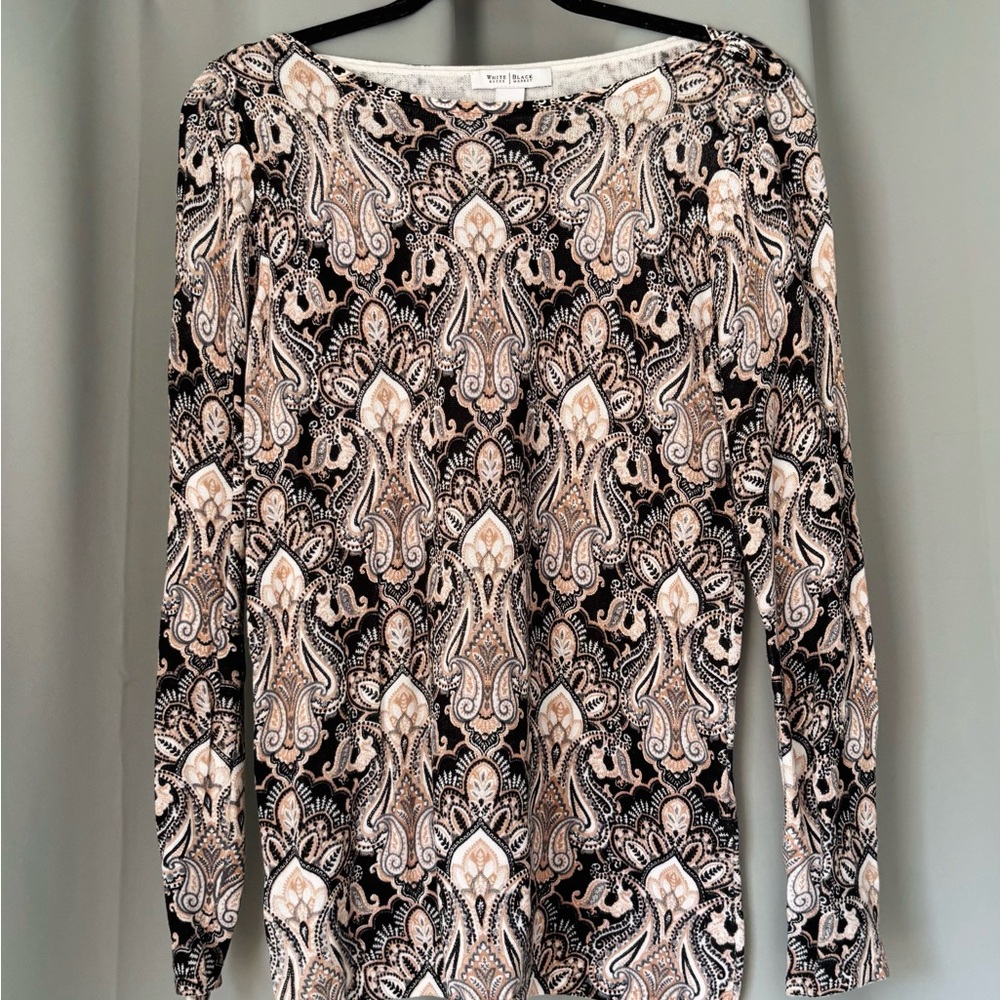 White House Black Market Black/Neutrals Paisley Long-Sleeve Light Sweater